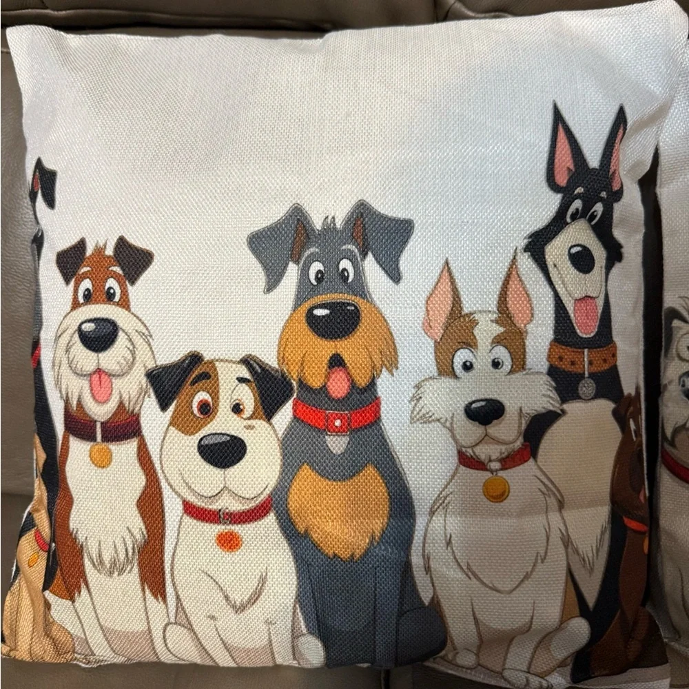 white throw pillow cover featuring a cartoon illustration of several dogs 18x18